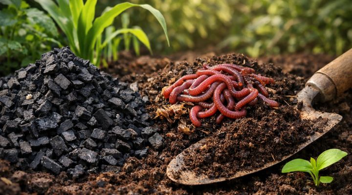 बायोचार, केंचुए और ज़मीन